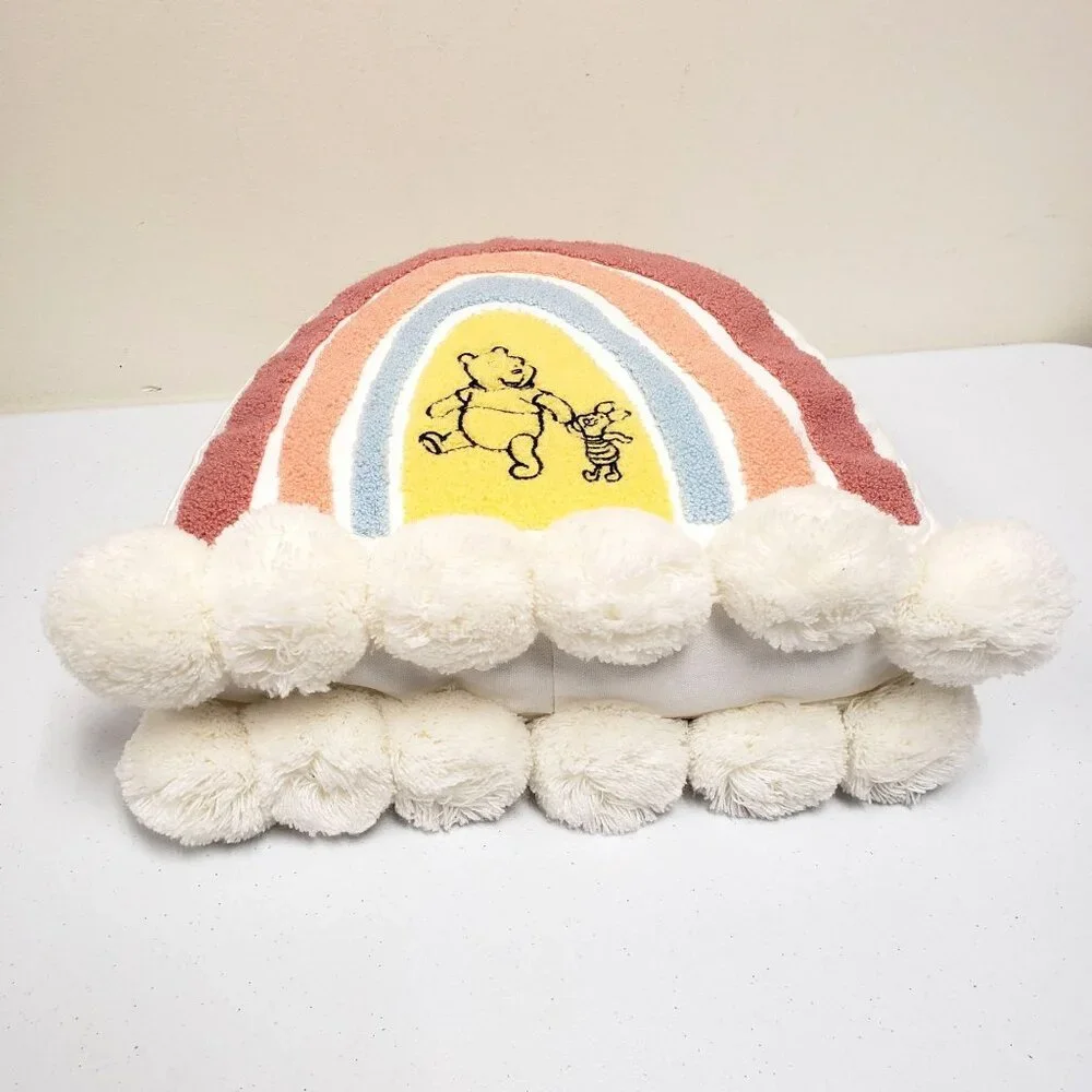 Disney Store Winnie the Pooh Piglet Rainbow Pillow Cushion Pom Poms